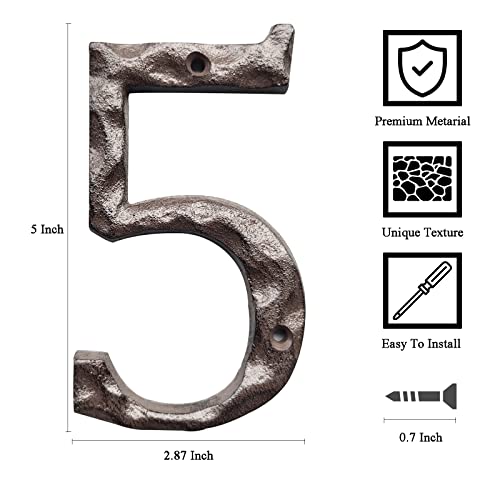 5 Inch House Numbers for Outside-Cast Iron Metal Home Address Number/Heavy Duty & Sturdy Unique Hammered Look/Number 5 - Thumbnail 2