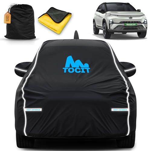 Image of Nexon Ev Waterproof Long Life Car Cover with Safety Glow Reflective Strap, Premium Stretchable Velvet Velour Fabric, Machine Washable, Tri-Stitch Custom Fit with Mirror & Antenna Pocket