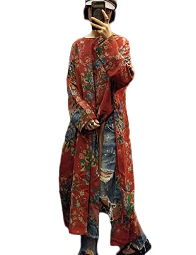 NFYM Women Vintage Floral Print Dress Cotton Long Sleeve Side High Split Drawstring Loose Robe Dress2