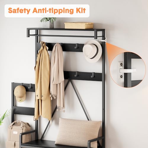 5-in-1 Hall Tree with Bench, 36" Entryway Storage Organizer with 10 Hooks, Drawers & Shelf, Freestanding Coat Rack for Entryway & Mudroom Organization, Black by MilleLoom - Image 5