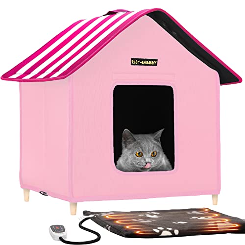 Rest-Eazzzy Cat House for Outdoor Cats, Weatherproof and Insulated Feral Cat House with Mat and Canopy, Easy to Put Together, Selfwarming Cat Shelter for Winter(13 * 13 * 14" Black with Supp