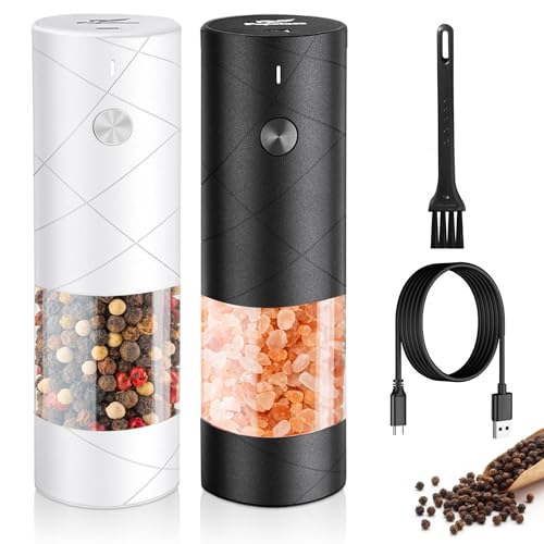 Electric Salt & Pepper Grinder Set – Sleek USB Rechargeable Mills with Warm LED Light, Adjustable Coarseness, One-Touch Operation, Large Capacity (2-Pack, Stylish Black & White)