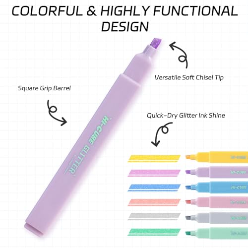 M&G HI-CUBE Glitter Highlighters, 6 Pack Gentle Colors with Glitter Ink, No Bleed Soft Chisel Tip for Bible Study, Cute Aesthetic Highlighters for Journaling, Planners & Notes - Image 3