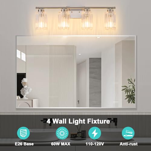 Image of 4 Light Bathroom Light Fixtures Modern Brushed Nickel 28 Inch Vanity Lights for Bathroom Lighting Fixtures Over Mirror with Thickened Glass Shade for Cabinet Mirror Bedroom Hallway