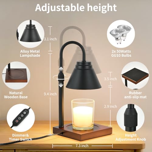 Woderdeng Candle Warmer Lamp with Timer Adjustable Height,Dimmable Candle Warmer for New Home Decor,Wax Warmer Lamp for Jar Candles with 2 Bulbs for Women Gift and House Warming Gift,Black by Woderdeng - Image 5