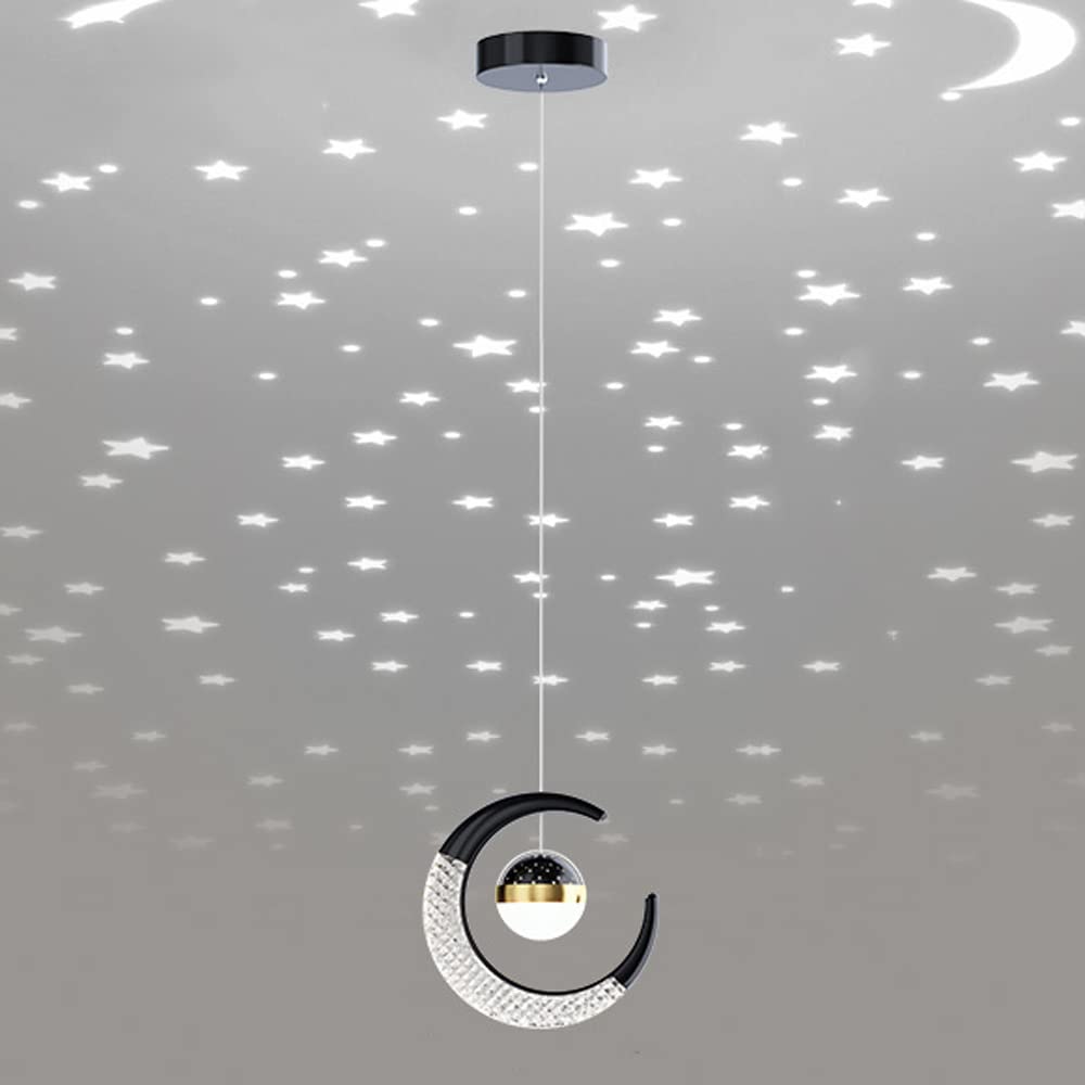 Lampa wisząca w kształcie księżyca Nowoczesny żyrandol 1-punktowa kula pojedyncza lampa wisząca z projekcją gwiazdy Światło LED w kształcie półksiężyca Wisząca lampa opuszczana do pokoju dziecięcego