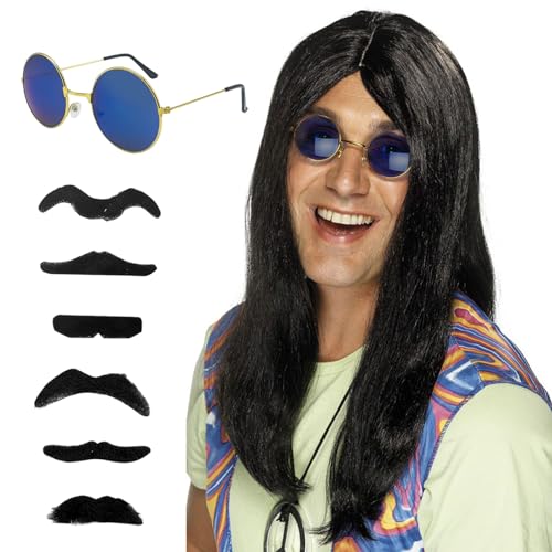 SKHAOVS 3 Piezas Set de Disfraz de Hippie   Peluca Negra Larga, Bigote, Gafas de Sol   Años 50/60/70   Accesorios para Fiesta, Carnaval, Halloween (Negro)