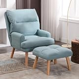 CANMOV Modern Accent Chair with Ottoman, Faux Leather Armchair with Adjustable Backrest and Side Pockets, Comfy Lounge Chair for Living Room, Bedroom, Apartment, Office, Sky Blue