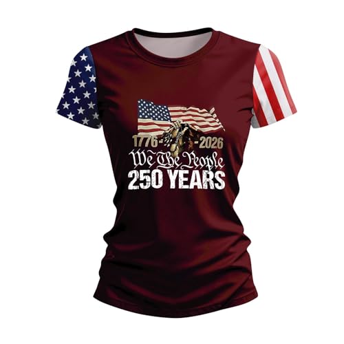 Womens 1776-2026 Independence Day USA Tops Short Sleeve Summer Shirts Casual Loose America 250 Anniversary Blouses