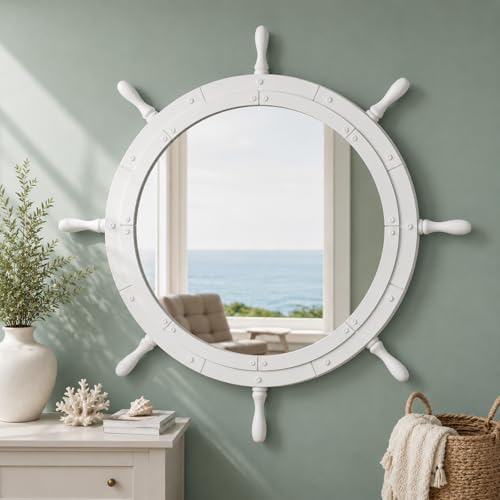 Vercraft Nautical Ship Wheel Mirror Wall Mounted Large Nautical Mirror Decorative Ship Wheel Wall Decor for Bathroom Bedroom Shelf Ornament (White Handle,30 Inch)
