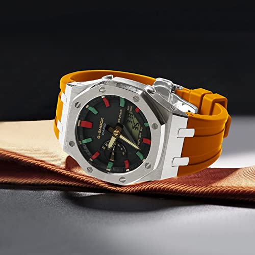 Image of GA2100 Stainless Steel Watch Case with Metal Watchband and Rubber Strap Mod Kit - Compatible with GA-2100 /GA-2110 /GA-B2100 Series - Watch Part Replacement