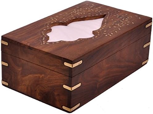 The StoreKing Sale Wooden Handmade Rectangular Wooden Tissue Box Cover Dispenser with Decorative Brass Inlay- Artisan-Crafted Elegant Wooden Tissue Holder, Tissue Organizer, Tissue Dispenser