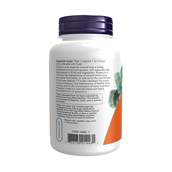 NOW Supplements, Potassium Citrate 99 mg, Supports Electrolyte Balance and Normal pH*, Essential Mineral, 180 Veg Capsules