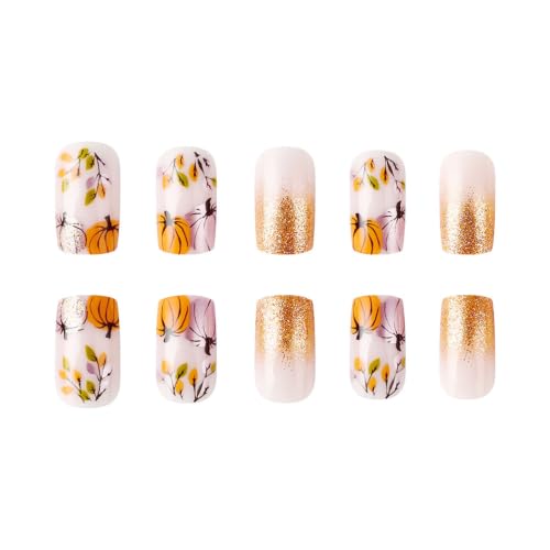 Autumn Press on Nails for Women Square Medium False Nails Press ons Fall Fake Nail Stickers with Pumpkin Gold Glitter Design Orange Thanksgiving Day Nail Set for Autumn & Thanksgiving DIY 24Pcs - Image 2