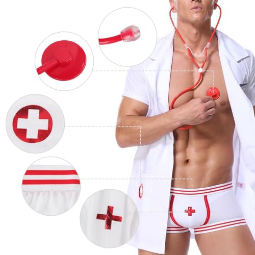 YJZQ Herren Sexy Arztkittel Uniform Männer Krankenschwester Kleidung mit Jacke, Shorts, Stethoskop Pyjama Versuchung Rollenspiel Kostüme für Halloween, Party, Cosplay, Karneval