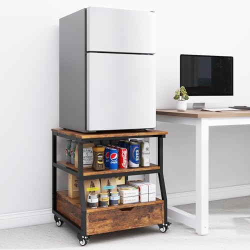 PUNCIA Soporte de 3 Niveles para Mini Nevera Mueble Estante de Frigorífico con Ruedas Organizador Móvil con Cajón Plataforma para Refrigerador Cocina Salón Oficina