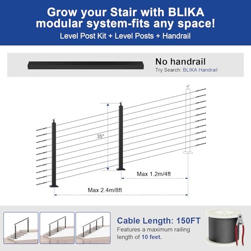 BLIKA 4FT-10FT Complete Set 36\" Stair Railing Post Kits, Adjustable Angle Line Post (25° to 35°), Black Swageless Cable Railing System Include 2 Stair Posts, 150FT 1/8\" Stainless Cable(No Handrail) - Thumbnail 4