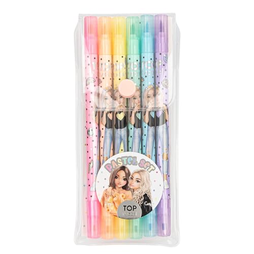 Depesche 13385 TOPModel - Fasermaler Set mit 6 Pastell-Farben im Etui, Doppel-Filzstifte mit je einer breiten und einer dünnen Seite