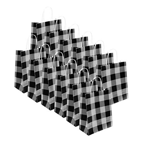 Brave Tour 12Pcs Gift Bags White and Black Buffalo Plaid Kraft Paper Bags with Handle,Shopping Bags, Retail Bags, Brown Paper Bags 100% Recyclable for Christmas, Party, Wedding Cover