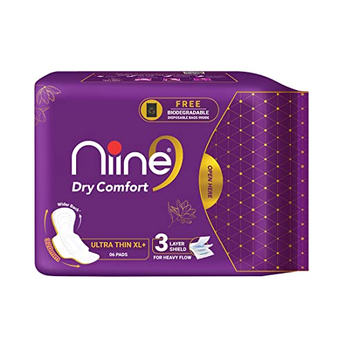 Image of NIINE Dry Comfort Ultra Thin XL+ Sanitary Napkins for Heavy Flow (Pack of 7) 42 Pads with Free Biodegradable disposable bags