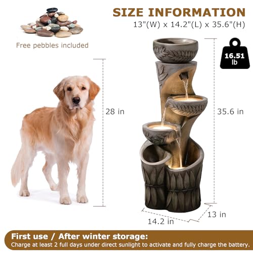 Image of 4 Tiered Solar Water Fountain Outdoor Garden Waterfall Fountains | 35.6 inch Tall Cascading Bowl Leaf Carved Outdoor Modern Water Feature with Dual Planters for Patio, Deck, Yard