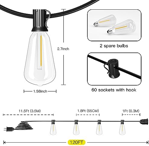 OHLUX String Lights for Outside,120FT Dimmable Outdoor String Lights with 62 Shatterproof ST38 LED Vintage Edison Bulbs,2200K Connectable Hanging Lights for Deck Porch Bistro Gazebos Balcony Garden - 2