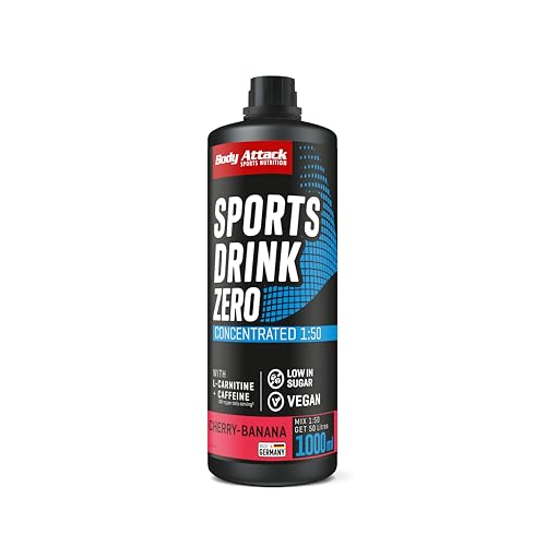 Body Attack SPORTS DRINK - Cherry-Banana - 1x 1000 ml / 200 Portionen - Made in Germany - Energy Drink Konzentrat - Veganer Sirup zuckerarm, fettarm - Für Softdrinks mit Vitaminen & Mineralstoffen
