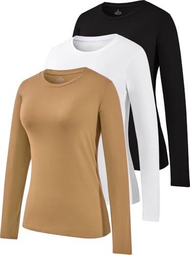 Image of Ullnoy Cotton Long Sleeve T Shirts Women 3 Pack Black/White/Coffee S