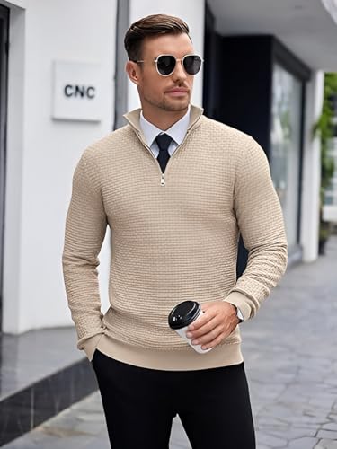 Image of TYSORT Men High Neck Zipper Full Sleeve Waffle Knitted Winter Sweater,Waffle Knit Sweater for Men