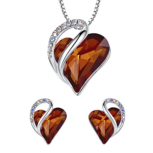 Leafael Infinity Love Heart Necklace and Stud Earrings for Women, Healing Stone for Stress Relief Crystal Jewelry, Silver Tone Bundle Gifts for Women, Dark Topaz Brown