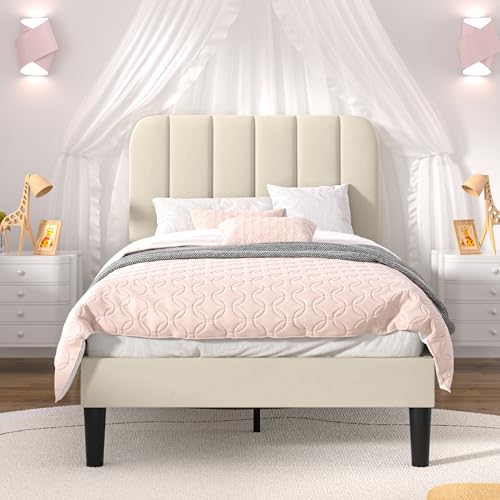 Image of VECELO Twin Size Bed Frame with Upholstered Headboard, Velvet Platform Bedframe Mattress Foundation, Strong Wood Slat Support, No Box Spring Needed,Velvet Beige