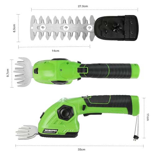WORKPRO Akku Gras- und Strauchschere, kabellose handliche Grasscheren 7,2V, 2000mAh, 2 Verschiedene Messer, Schnittbreite 9,7cm, Schnittlänge 14cm, mit Akku und Ladekabel 4