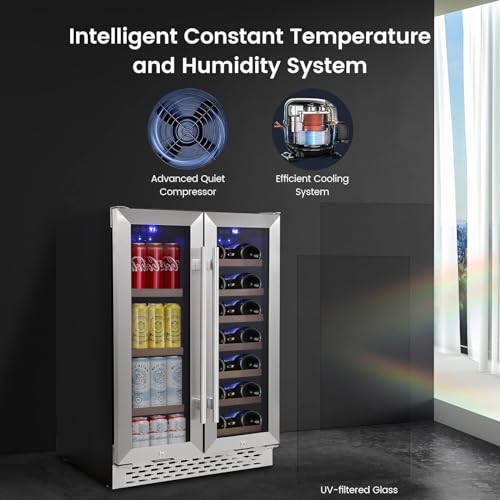 55 Cans, 20 Bottles Wine Fridge, Dual Zone Wine and Beverage Refrigerator ,Quiet Compressor, Blue LED, 24 Inch Under Counter Fridge for Home Entertaining