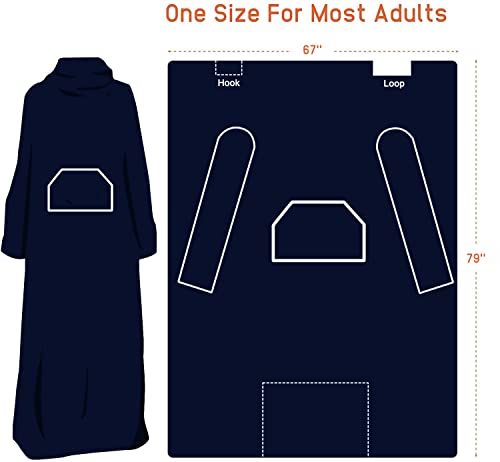 Fleece Wearable Blanket With Sleeves And Foot Pocket For Adult Women Men, Plush Throw With Adjustable Hook & Loop For Lounge Couch Reading Watching Tv 79" X 67" Navy #TOP5