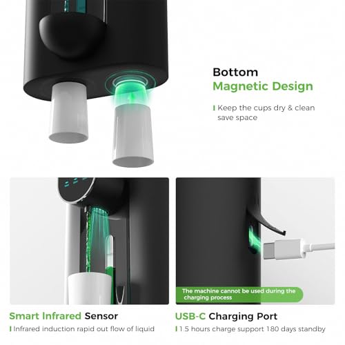 Image of Oylik Automatic Mouthwash Dispenser 18.26 oz Touchless Mouthwash Dispenser for Bathroom 2 Magnetic Cup USB Rechargeable and 3 Dispensing Levels with Led Screen Wall-Mounted or Countertop Use-Black