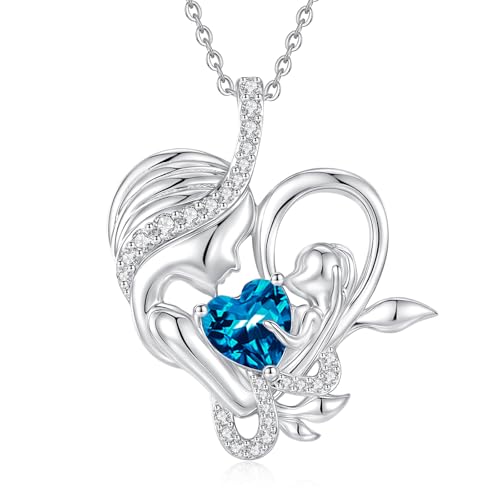 FANCIME Blue Topaz Birthstone Mother & Child Heart Necklace - Tree of Life Pendant I Love You Mom December Jewelry Gift for Mom Grandmother Wife 16+2 Chain Symbol of Love & Eternal Bond