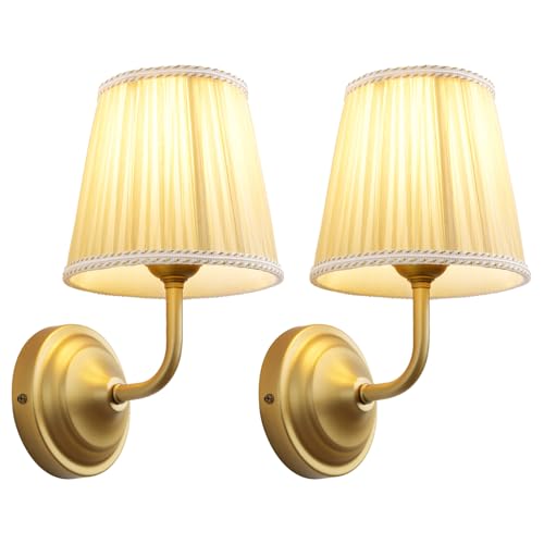 SongCiLT 2 Sets of Vintage Wall Lights Sconce with Khaki Pleated Tulle Fabric Shades, Indoor Hardwired Wall Lamp Fixtures for Bedside Bedroom Living Room Hotel
