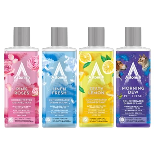 Astonish 4 Concentrated Disinfectant Bundle 300ml Each Pink Roses, Linen Fresh, Zesty Lemon & Morning Dew Pet Super Concentrated Makes Kills 99.9% Bacteria & Viruses, Multi-Surface Cleaner with Essent