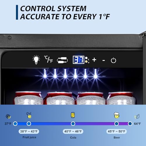 Image of Tylza 15 Inch Beverage Refrigerator, Under Counter /Freestanding Drink Fridge, 130 Cans Beverage Cooler with Glass Door, Reversible Door, Low Noise, Quick Cooling - for Beer, Soda, ETC, Black