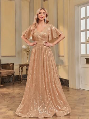Women V Neck Short Sleeves Gold Evening Dresses Women Sequins Wedding Party A-Line Maxi Cocktail Dresses4
