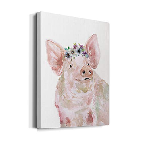 Renditions Gallery Canvas Animal Wall Art Modern Decorations Paintings & Prints Happy Floral Crown Pig Abstract Pink Romantic Wall Hanging Artwork For Bedroom Office Kitchen - 16"X20" Lt26 #TOP1