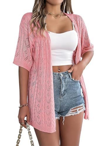 Cárdigan Ligero de Ganchillo para Mujer, Ideal para el Verano. Cubrebaños Modernos de Manga Corta con diseño Calado, Playa o como Parte de un Conjunto vacacional. (Pink,XL)