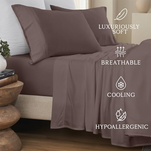 Image of KARISSA MAE Bamboo Viscose 34 inch Split Top King Size Sheet Set, FSC Certified | Single 34 inch Split Fitted Sheet | Sleep Number & Adjustable Bed | Cooling | 18 inch Deep Pocket w / Corner Straps [Mocha]