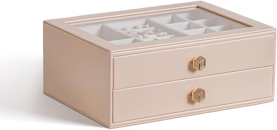 CASEGRACE Jewelry Box for Women with Glass Lid - Leather Jewelry Storage Organizer 2 Drawers for Necklaces, Rings, Earrings & Bracelets, Ideal Gift (Pink, 2 Layer)