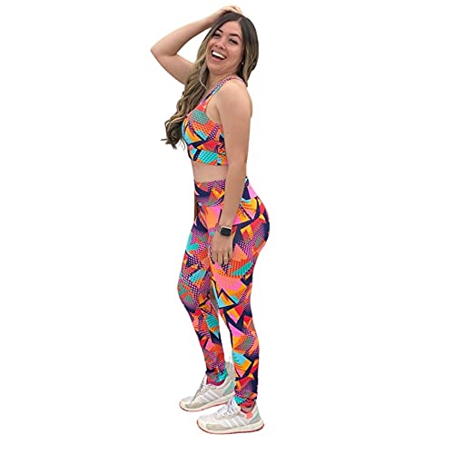 Conjunto Fitness Top + Legging Cós Alto Estampada Ginástica Academia (GG 46, Laranja/Azul)