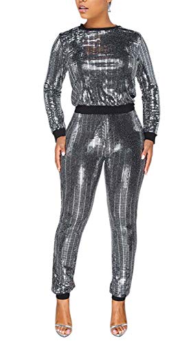 Women Bodycon Glitter Jumpsuit Long Sleeve Top+ Skinny Legging Metallic Two Piece Set