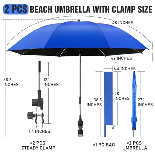 Image of 2 PACK Beach Umbrella with Clamp, 360 Adjustable Umbrellas for Chair, UPF50+ Umbrella for Beach Chair, Patio Chair, Wheelchair, Camping Chair, Golf Carts (Chair Not Included)