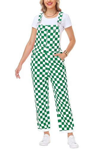Magrank Women Christmas Checkered Overalls Cute Stretch Jeans Jumpsuit Green