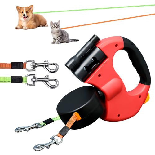 Doppelte Einziehbare Hundeleine, 3 M Hundeleine Doppelleine, Automatische Hund Versenkbar Leine, Rollleine Hundeleine mit LED Licht, Doppelköpfe Hundeleine für Katzen Kleine Hunde (Rot)