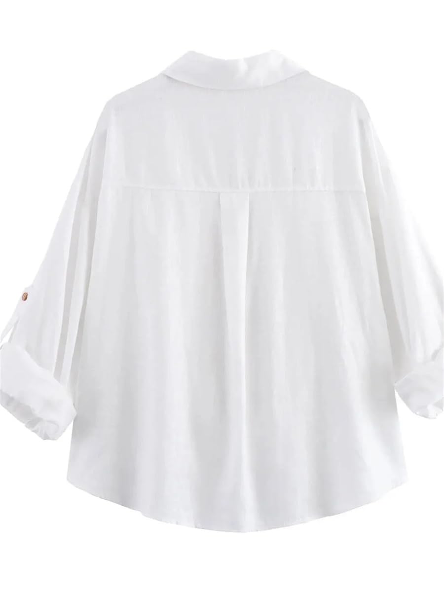 Camicia da donna alla moda in misto lino con nodo retrò maniche risvolto bottone frontale versatile top